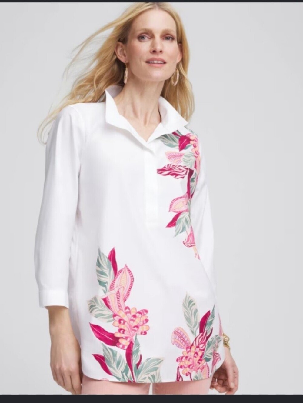 Chicos Floral Blouse Size 2 Large NWT No Iron Cottagecore Chic Tunic Buttonback - Picture 2 of 8